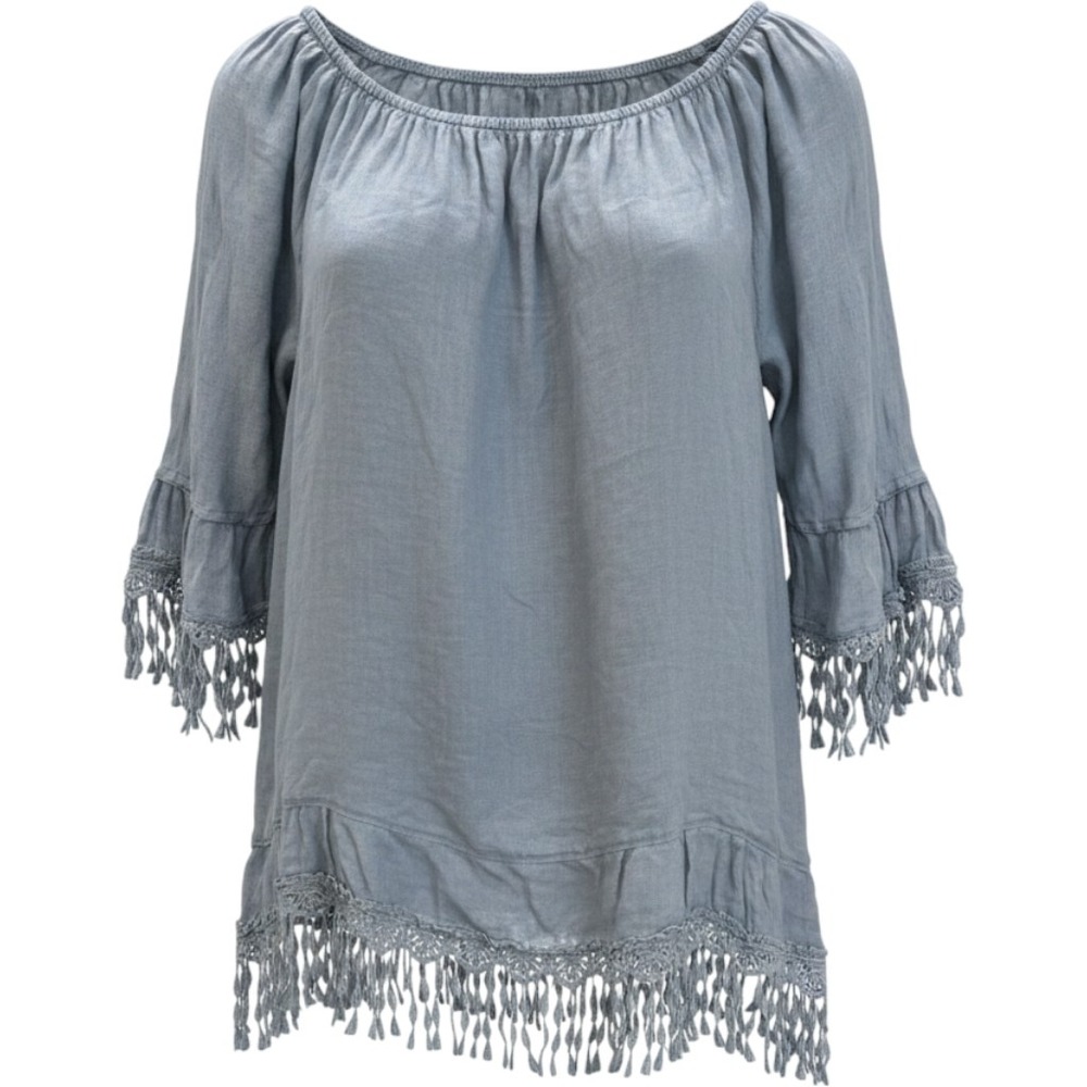 Tempo Paris Tunic Top Size M Blue Linen Boho Fringe Crochet Made in Italy